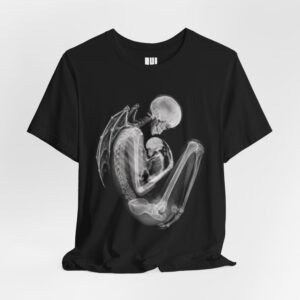 Momster Shirt, Bat-Winged X-Ray Skeleton Mom Cradling Her Baby, Dramatic Halloween Skeleton Mom Tee