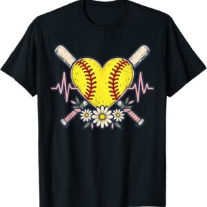 Softball Heartbeat Shirt, Stitched Heart Bats & Daisies Tee, Softball Mom Gift