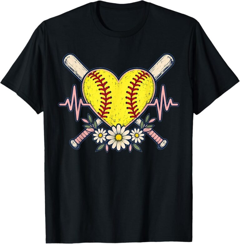 Softball Heartbeat Shirt, Stitched Heart Bats & Daisies Tee, Softball Mom Gift design
