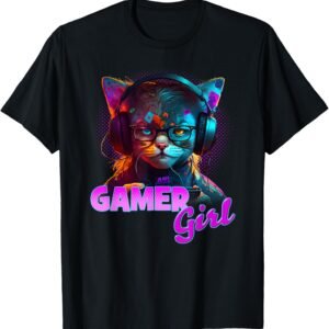Gamer Girl Cats Headset Shirt, Funny Gaming Cat Tee, Cat Lover Gift