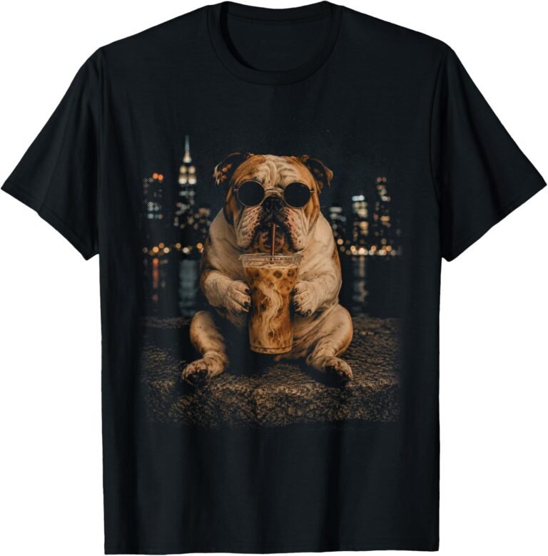 English Bulldog Iced Coffee Shirt, City Night Cafe Tee, Dog Lover Gift design