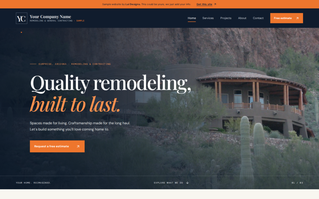 Desktop screenshot of the contractor website