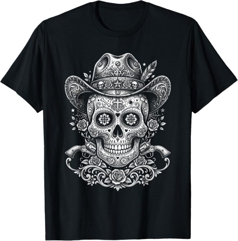 Vintage Sugar Skull Cowboy Shirt, Etched Roses & Revolvers Tee, Western Gift design