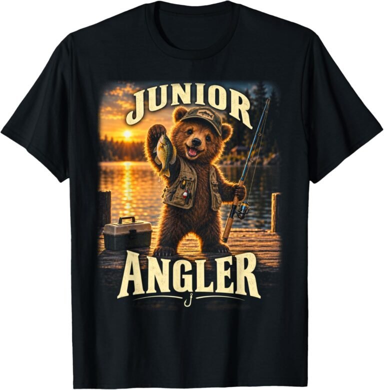 Junior Angler Shirt, Bear Cub Fishing Youth Tee, Kids Fisherman Gift design