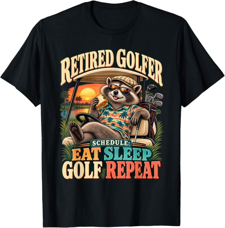 Retired Golfer Schedule Shirt, Eat Sleep Golf Repeat Raccoon Sunset Tee, Retirement Golf Gift design