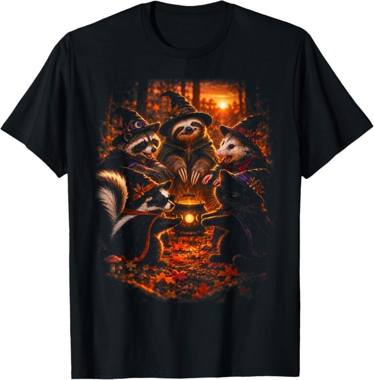 Witch Coven Shirt, Golden Sunset Woodland Animals Halloween Tee, Raccoon Sloth Opossum Skunk and Black Cat Gift design