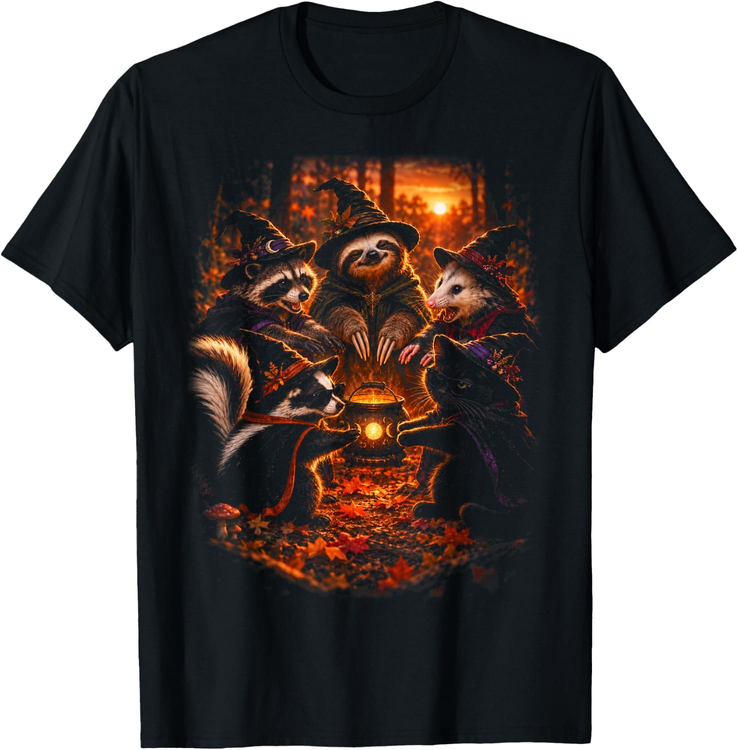 Witch Coven Shirt, Golden Sunset Woodland Animals Halloween Tee, Raccoon Sloth Opossum Skunk and Black Cat Gift