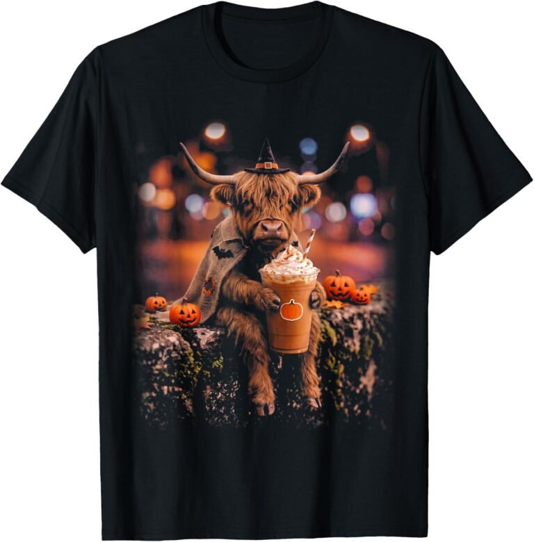 Highland Cow Witch Halloween Shirt | Spooky Highland Cow Witch Graphic Tee | Cute Halloween Costume Gift design