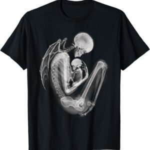 Momster Shirt, Bat-Winged X-Ray Skeleton Mom Cradling Her Baby, Dramatic Halloween Skeleton Mom Tee