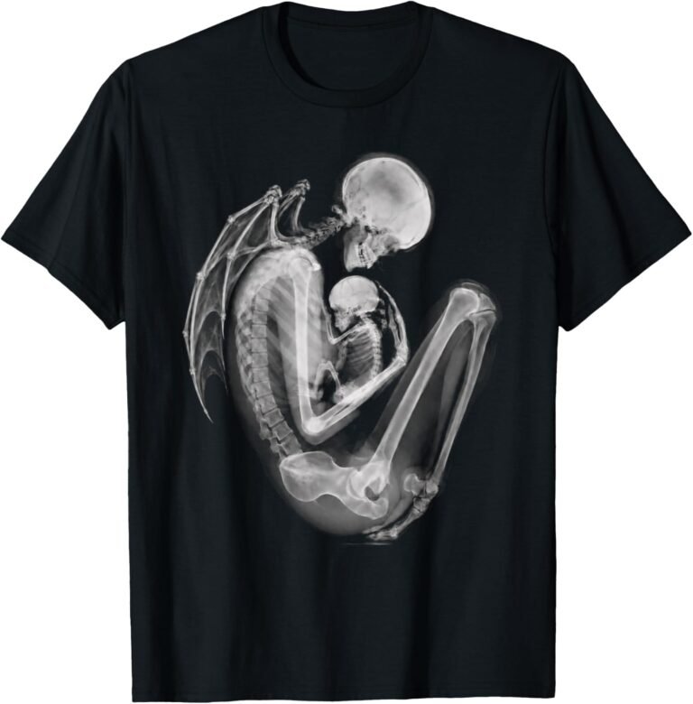 Momster Shirt, Bat-Winged X-Ray Skeleton Mom Cradling Her Baby, Dramatic Halloween Skeleton Mom Tee design