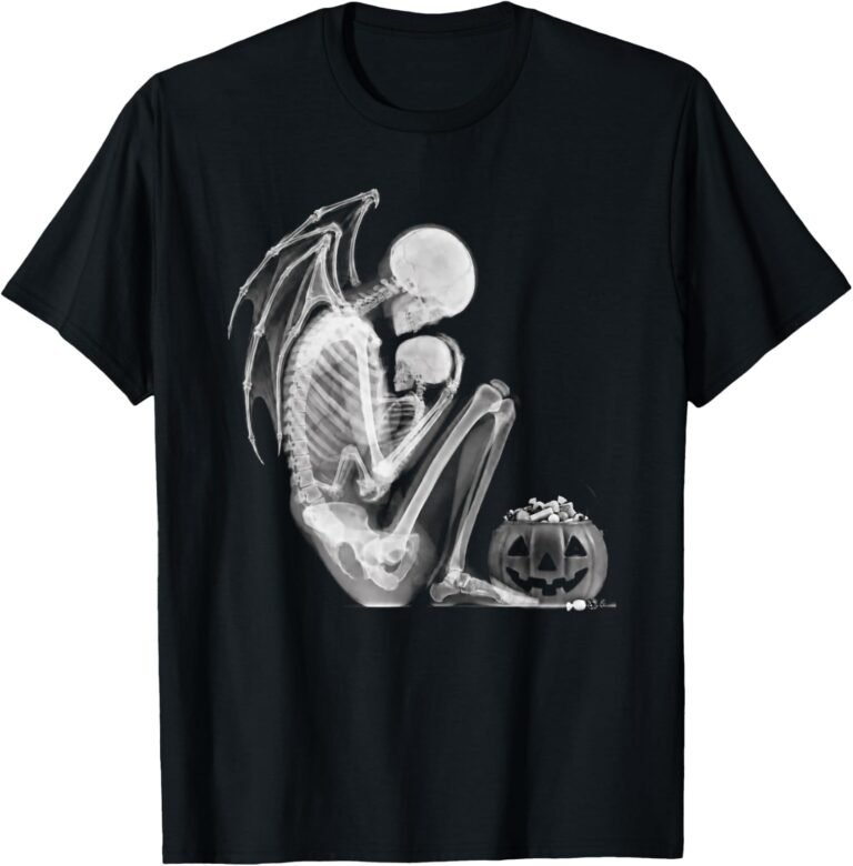 Momster Shirt, Bat-Winged X-Ray Skeleton Mom and Baby with Pumpkin, Trick-or-Treat Halloween Mom Tee design