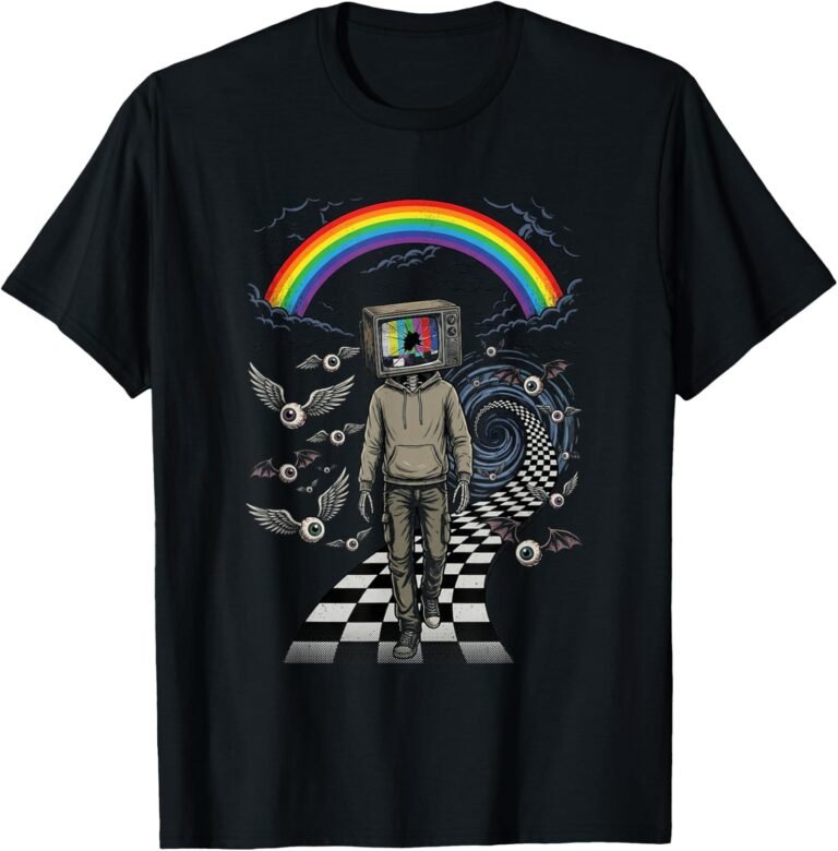 Weirdcore Shirt, TV Head Walking Checkered Road Halloween Tee, Winged Eyes Gift design