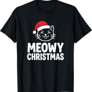 Meowy Christmas Shirt, Cute Cat Santa Hat Tee, Funny Holiday Kitten Gift