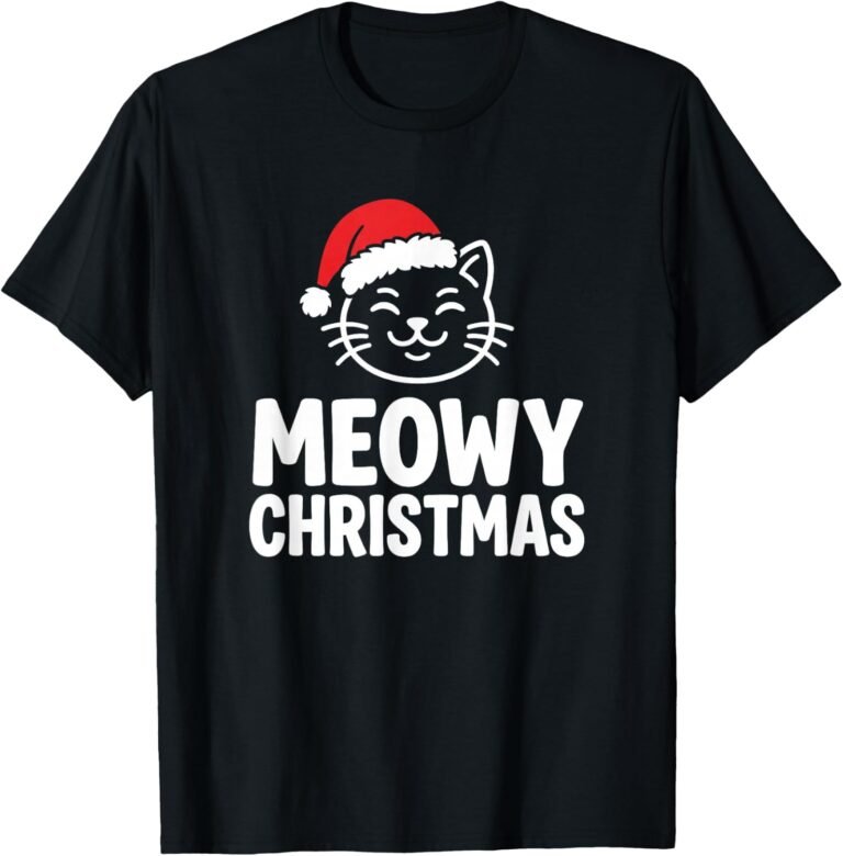 Meowy Christmas Shirt, Cute Cat Santa Hat Tee, Funny Holiday Kitten Gift design