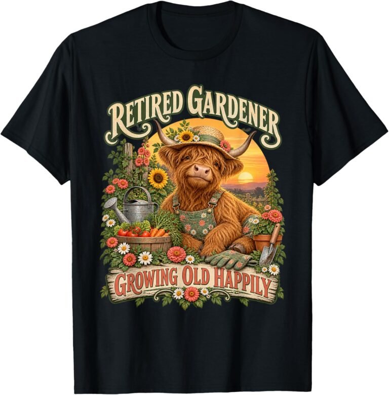 Retired Gardener Shirt, Growing Old Happily Highland Cow Tee, Gardener Retirement Gift design
