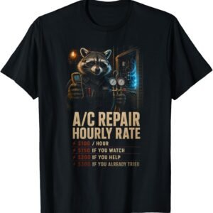 AC Repair Hourly Rate Shirt, Funny Raccoon HVAC Gift Tee, Air Conditioner Rate Chart Graphic