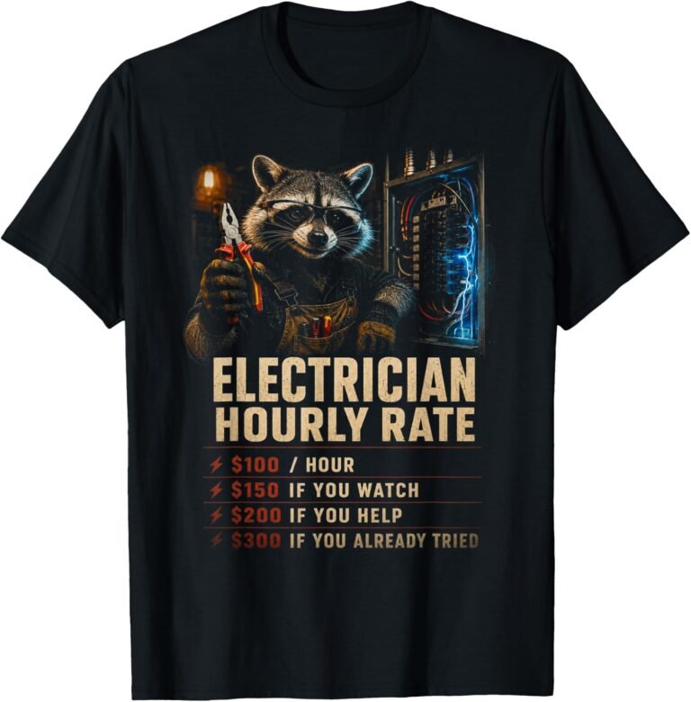 Electrician Hourly Rate Shirt, Funny Raccoon Electrician Gift Tee, Breaker Panel Rate Chart Graphic design