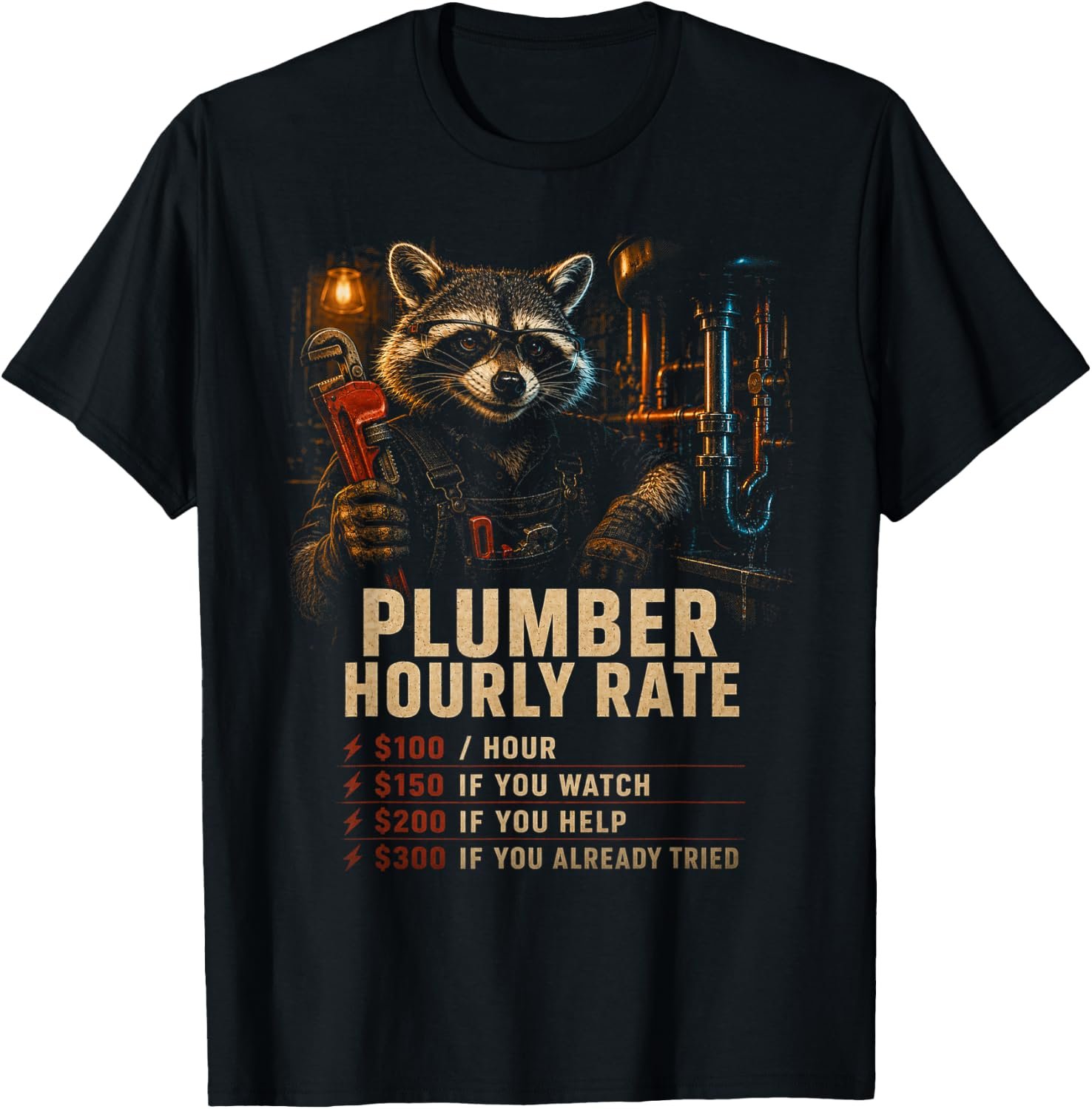 Plumber Hourly Rate Shirt, Funny Raccoon Plumber Gift Tee, Pipe Wrench Rate Chart Graphic