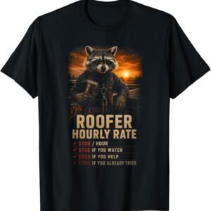 Roofer Hourly Rate Shirt, Funny Raccoon Roofer Gift Tee, Rooftop Sunset Rate Chart Graphic