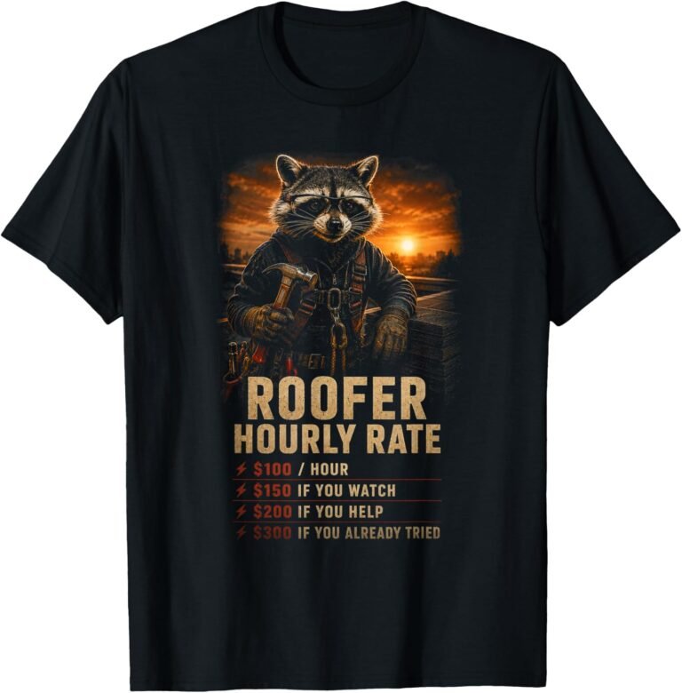 Roofer Hourly Rate Shirt, Funny Raccoon Roofer Gift Tee, Rooftop Sunset Rate Chart Graphic design