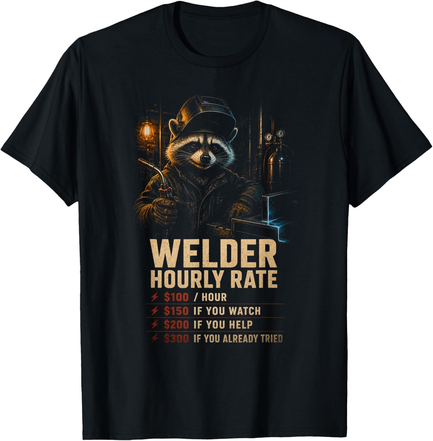 Welder Hourly Rate Shirt, Funny Raccoon Welder Gift Tee, Welding Bay Rate Chart Graphic