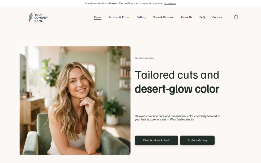 Desktop screenshot of the salon website