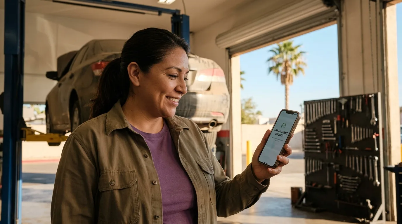 Auto shop owner in Surprise, AZ smiling at an appointment booked by her AI receptionist