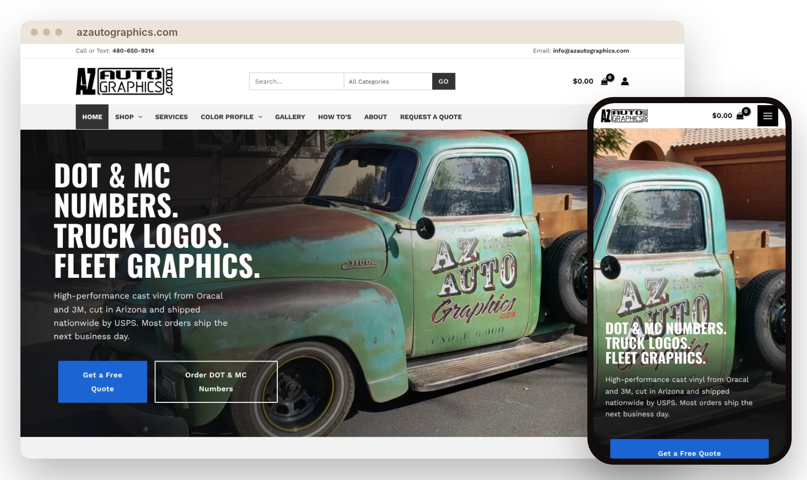 AZ Auto Graphics online shop on desktop and phone