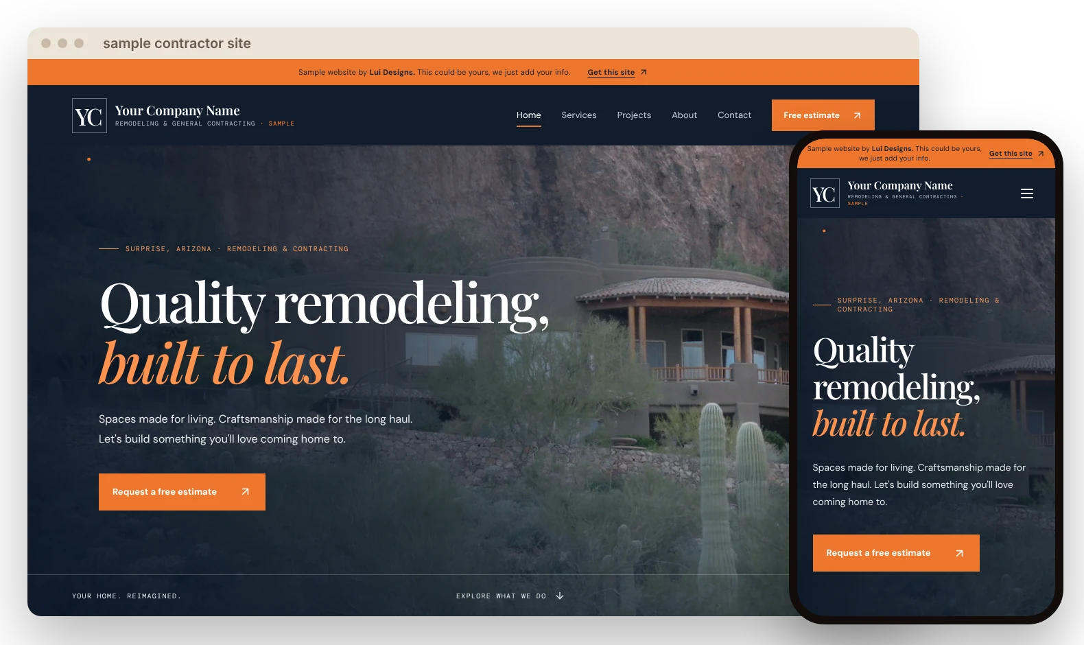 Sample contractor and remodeling website on desktop and phone