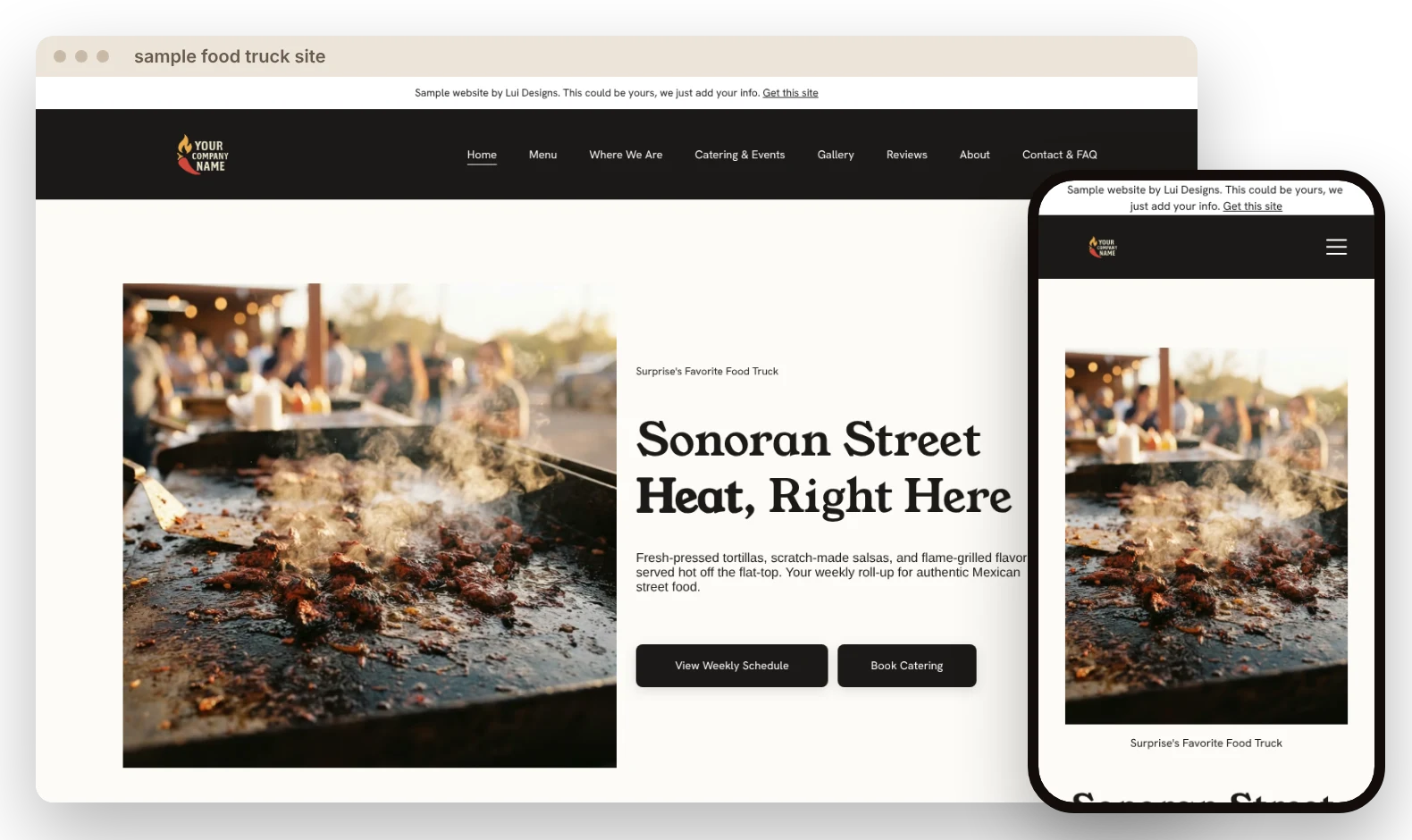 Sample food truck and restaurant website on desktop and phone