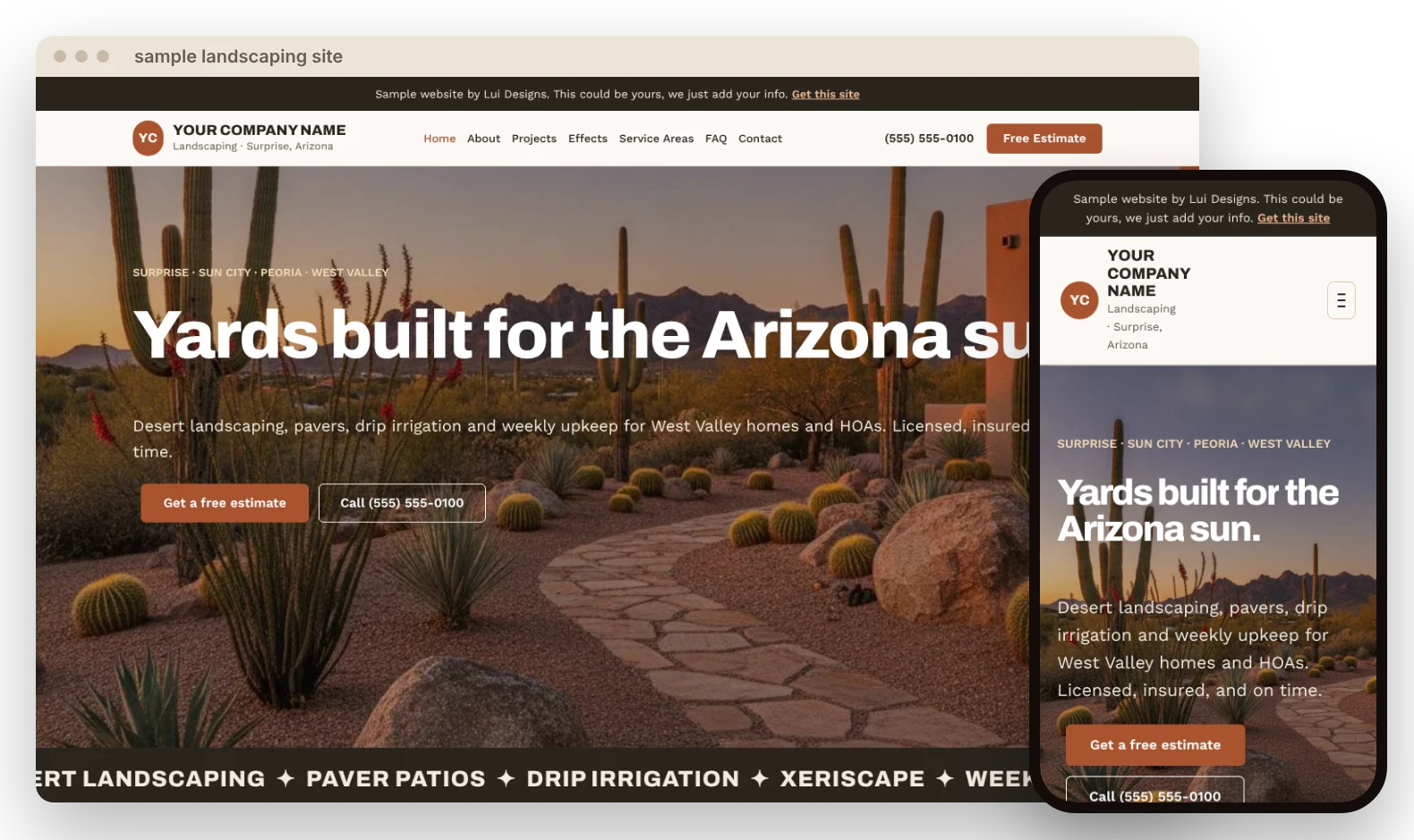 Sample landscaping website on desktop and phone