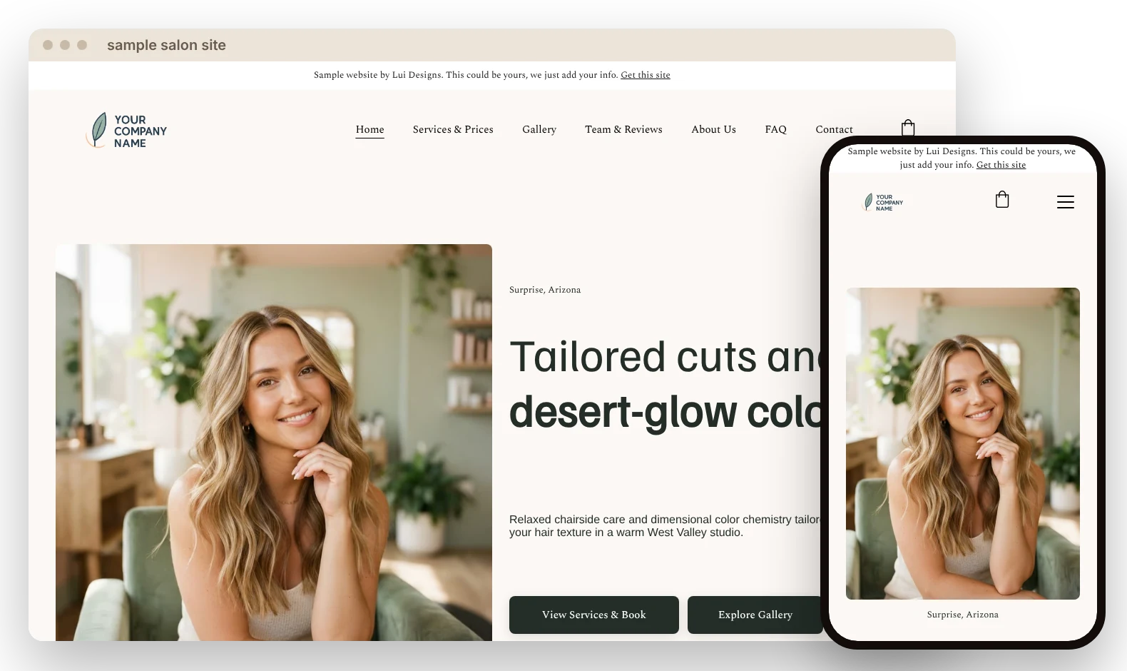 Sample salon and barber website on desktop and phone