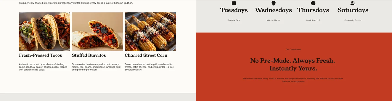 Menu and weekly schedule sections of a sample food truck website