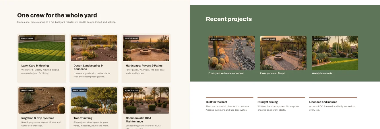 Services and recent projects sections of a sample landscaping website