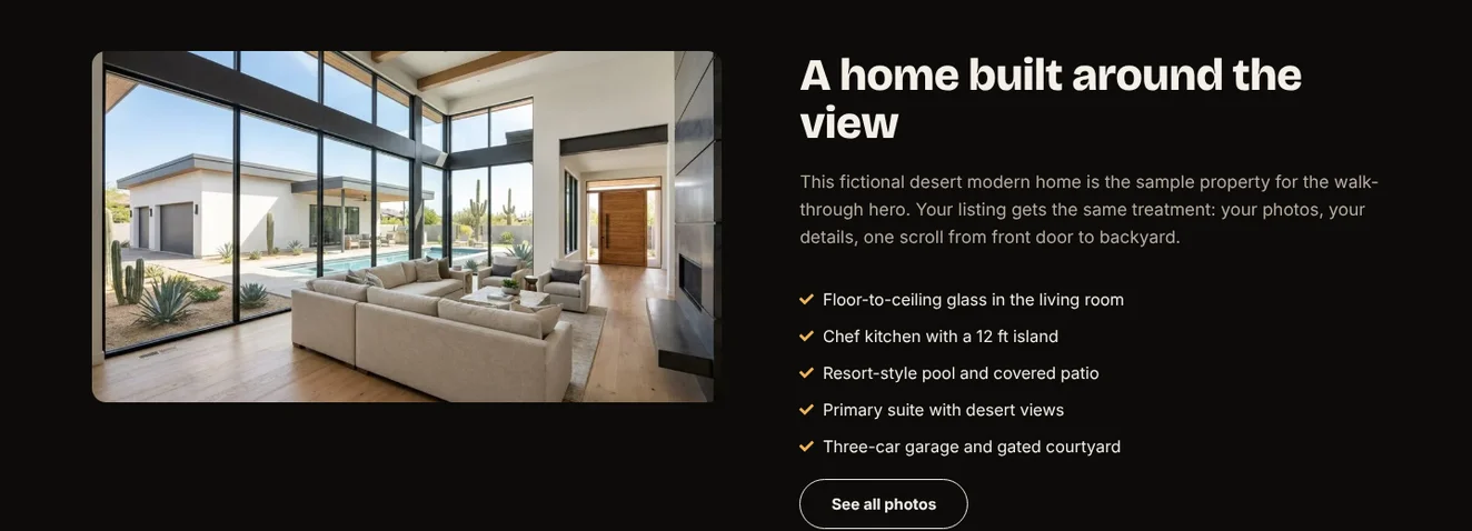 Listing details and photo section of a sample property website