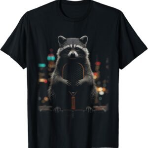 Raccoon With Glasses Holding Pickleball Paddle City Lights