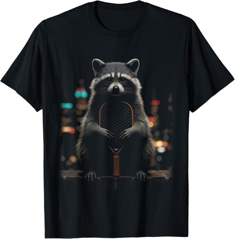 Raccoon With Glasses Holding Pickleball Paddle City Lights design
