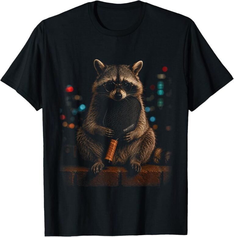 Raccoon With Glasses Holding Pickleball Paddle City Lights design